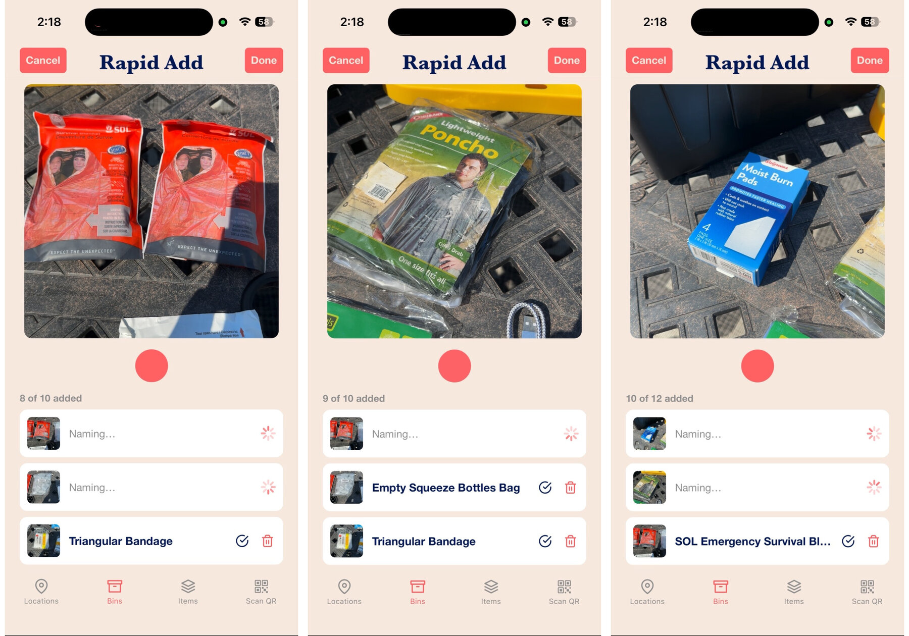 A Rapid Add session in progress: snapping photos of survival blankets, a poncho, and burn pads while the AI names earlier items in the background